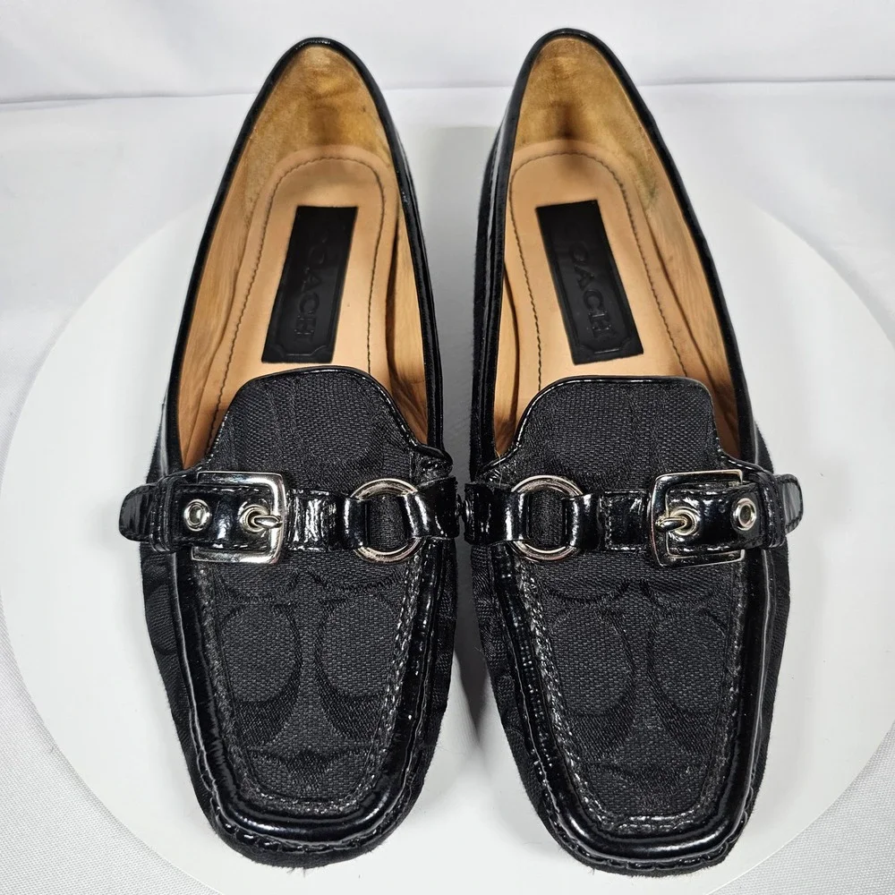 COACH Stacie Black Jacquard Signature Loafer Flats Buckle‎ Size 6.5M